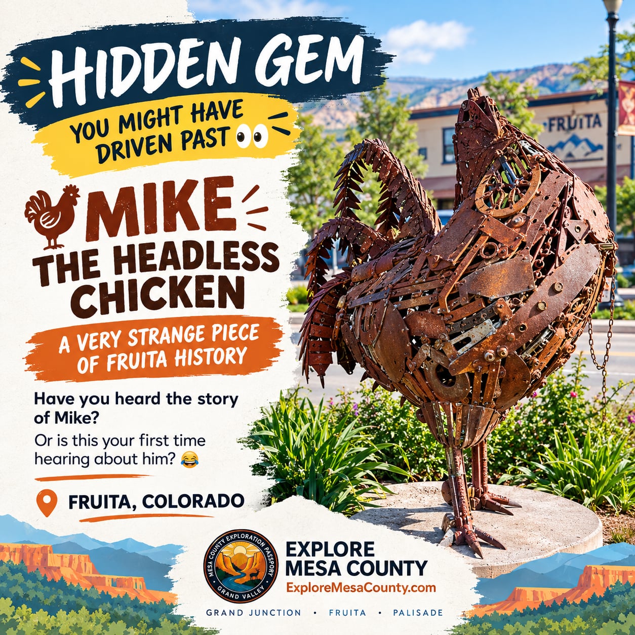 Mike the Headless Chicken metal sculpture in downtown Fruita, Colorado