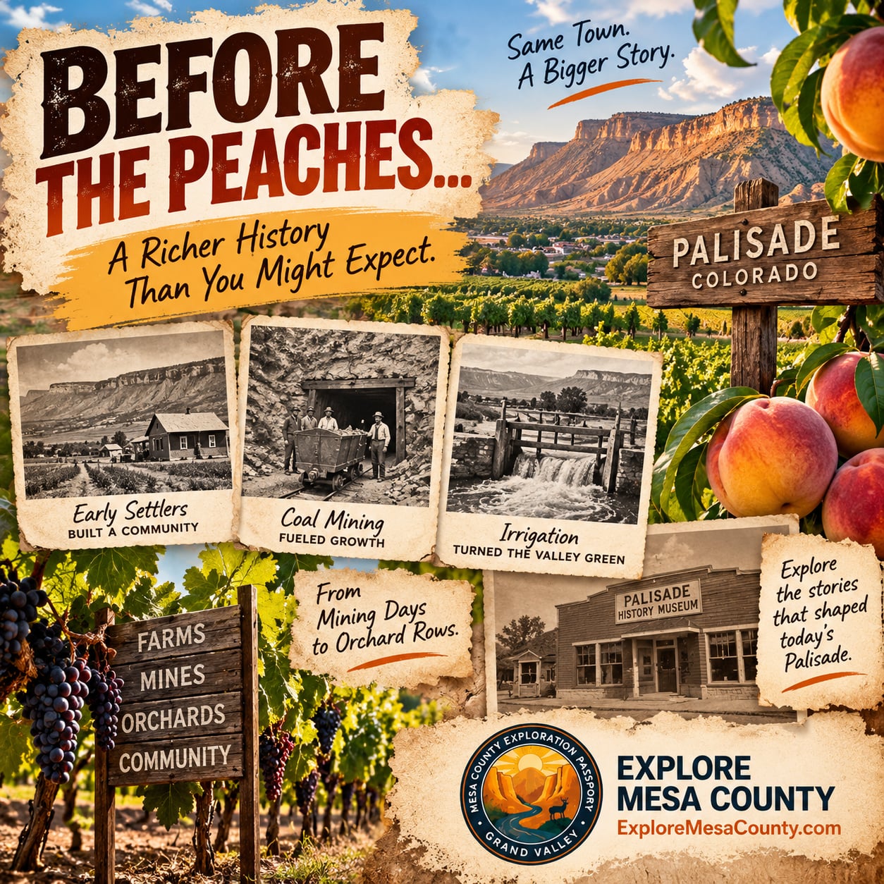 Historic photos of Palisade, Colorado settlers, coal mining, and irrigation before the peach orchards
