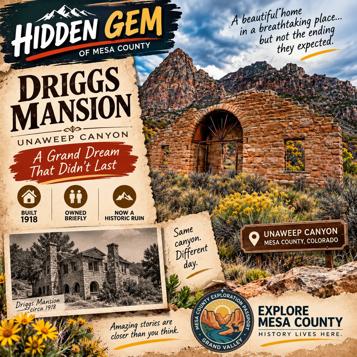 Driggs Mansion stone ruins in Unaweep Canyon, Mesa County, Colorado